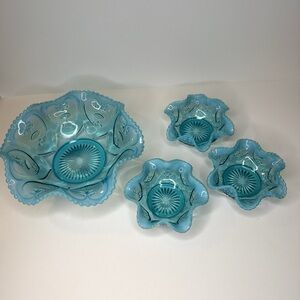 Northwood Jewel Heart Opalescent Ruffled Scalloped Blue Bowls